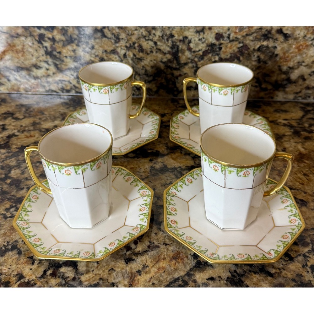 Limoges‎ B.&H. Demitasse Cup Saucer White Gold Floral Octagon Set 4 Victorian